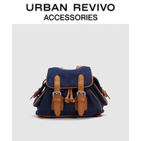 URBAN REVIVO2024春季女士复古丹宁拼接双肩背包UAWB40019 宝蓝