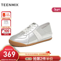 天美意（TEENMIX）鞋子女拼色系带休闲时尚百搭通勤女阿甘鞋2024春KG013AM4 银色 35