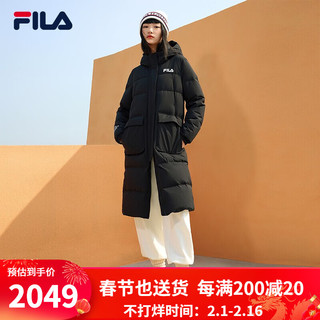 FILA 斐乐 女子长款羽绒服冬季时尚运动长袖女装外套简约连帽保暖上衣 正黑色-BK 160/80A/S