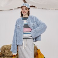 a02 蓝色羊羔毛外套女小香风上衣秋冬开衫设计高级感上衣