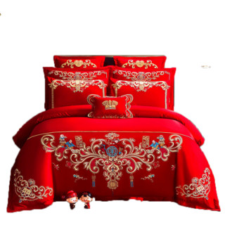 88VIP：杜威卡夫 全棉婚庆四件套新婚纯棉100床单被套红色结婚房床上用品