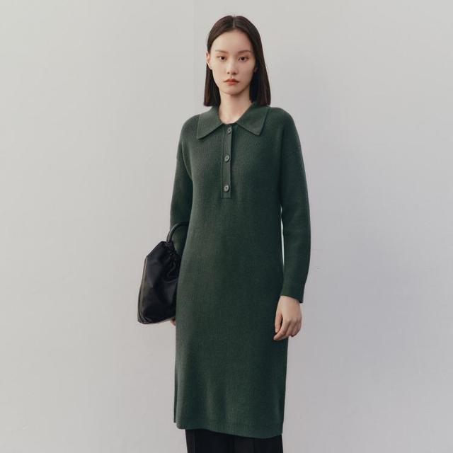 限尺码：Meilleur moment MM麦檬22秋冬高级墨绿polo领羊毛针织连衣裙女