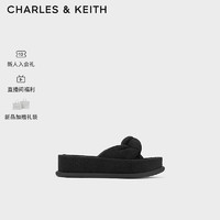 CHARLES&KEITH24春绒布扭结一字带厚底外穿拖鞋CK1-70381039 BLACK TEXTURED黑色纹理 35