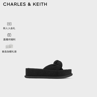 CHARLES&KEITH24春绒布扭结一字带厚底外穿拖鞋CK1-70381039 BLACK TEXTURED黑色纹理 35