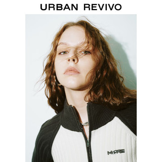 URBAN REVIVO UR2024春季女装复古学院风撞色刺绣拉链针织开衫UWV940063 象牙白/深灰 L