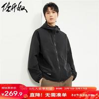 佐丹奴外套男春季工装风字母印花破骨大口袋连帽风衣01074061 09标志黑 S