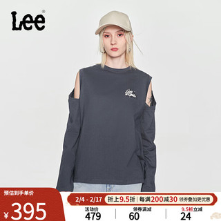Lee24早春舒适版圆领露肩印花Logo灰色女长袖T恤潮流 灰色 M