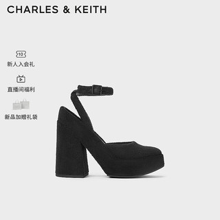 CHARLES&KEITH24春季绒布腕带方头防水台高跟鞋CK1-60280425 BLACK TEXTURED黑色纹理 34