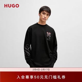 HUGO男士2024早春抽象艺术图案装饰棉制长袖 T 恤 001-黑色 EU:XXL