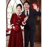 麦斯贝思新中式敬酒服2023新娘秋冬结婚酒红色订婚礼服裙冬季加厚旗袍 酒红色 M 96-105斤