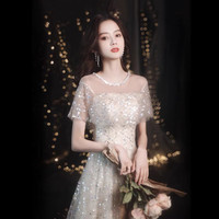 诺丽缇香槟色晚礼服气质高端主持夏季亮片伴娘裙2023高级质感女 香槟色长款 XL