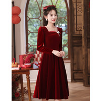 塞德勒敬酒服新娘秋冬加厚小个子结婚丝绒订婚连衣裙高端礼服裙女 酒红色 M(96-105斤)