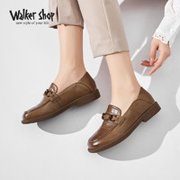 Walker Shop 奥卡索 休闲鞋女羊皮通勤一脚蹬乐福鞋复古深口小皮鞋女 D111539 棕色 3