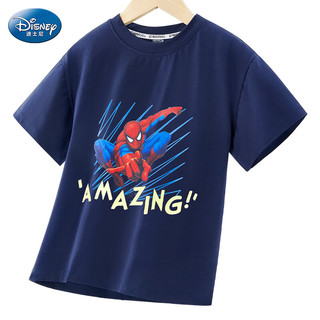 迪士尼（DISNEY）男童短袖夏季蜘蛛侠2023款儿童t恤打底上衣HM96451 藏蓝 140cm 