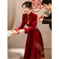 麦斯贝思(MAISIBEISI)旗袍敬酒服新娘冬天加厚酒红色长袖中式结婚晚礼服女平时可穿女 酒红色 M 96-105斤