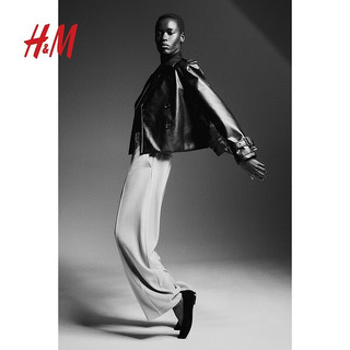 H&M女装西装裤2024春季高腰直筒设计感拉链商务西裤正装裤1214614 米色 155/60A 32
