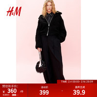 H&M女士外套2024春季宽松立领泰迪绒夹薄棉外套1202520 黑色 160/88A