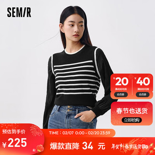 森马（Semir）森马针织衫女短款假两件条纹气质2024春套头衫通勤 黑白色调00391 160/84A/M