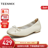 天美意（TEENMIX）女鞋平跟百搭蝴蝶结女浅口单鞋2024春BI411AQ4 米色 34