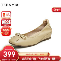 天美意（TEENMIX）女鞋坡跟复古气质百搭蝴蝶结女浅口单鞋2024春KQ008AQ4 杏色 36