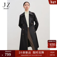 玖姿·安娜蔻复古经典英伦风双排扣收腰外套长风衣2024春季 素黑 XL