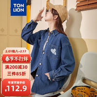 唐狮 TONLION女前胸印花牛仔长袖衬衫dt 深牛仔蓝 S