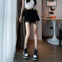 勋狸粑休闲直筒牛仔短裤女毛边高腰春夏宽松显瘦辣妹a字热裤子 802黑色 S 85-95斤左右