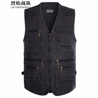 烈焰战队 马甲 男士中年2022秋季户外运动多口袋钓鱼马甲 摄影导演工装马夹 中老年时尚休闲全棉 黑色(五色马甲) 2XL(130-150斤)