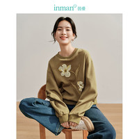 INMAN 茵曼 空气层卫衣2024春季女装重工绣花圆领短上衣 深卡其 L