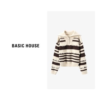 BASICHOUSE 百家好 黑白条纹小香风羊毛针织衫