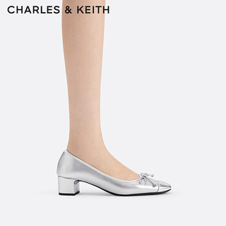 CHARLES&KEITH24春季蝴蝶结粗跟浅口芭蕾舞鞋单鞋CK1-60920369 Silver银色 34