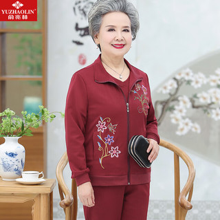 俞兆林中老年女装春秋装套装装运动三件套奶奶老年人衣服 Y237A3816 酒红长袖三件套