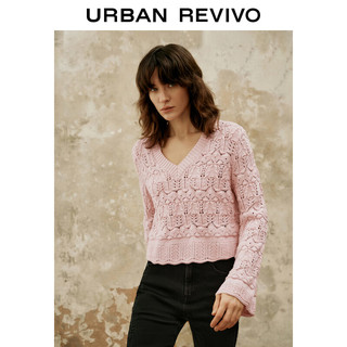 URBAN REVIVO UR2024春季女装休闲田园风钩花肌理感V领针织衫UWH940003 浅粉色 L