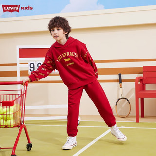 Levi's李维斯男童连帽卫衣+裤子2件套24红色拜年服春秋舒适毛圈儿童套装 辣椒红 150/72(M)