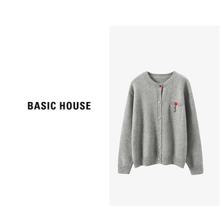 Basic House/百家好灰色小香风针织跨开衫女秋冬圆领百搭宽松毛衣格雷系 灰色 F90-145斤