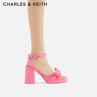 CHARLES&KEITH24春蝴蝶结绒布粗跟露趾高跟凉鞋CK1-60920367 粉红色Pink 34