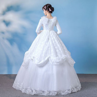 华天牧婚纱礼服新娘高腰遮肚子加厚保暖结婚纱齐地长袖 白色 L