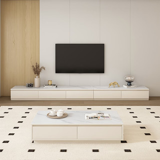 兰尼森实木奶油风岩板电视柜茶几组合小户型现代简约白色客厅电视柜 1.8米实木岩板电视柜+方茶几