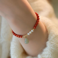 朱砂和田玉葫芦手链红玛瑙珍珠手饰送女友闺 红玛瑙加珍珠玉葫芦手链
