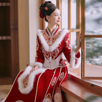 泰勒马丁秀禾服新娘婚纱冬加厚毛领结婚礼服中式嫁衣敬酒服旗袍 231207 S