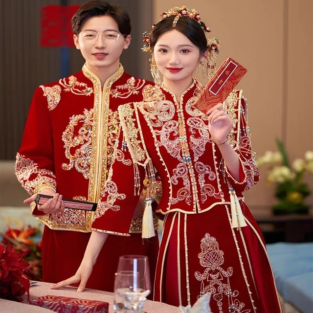 泰勒马丁丝绒秀禾服新娘婚纱2023中式婚服结婚敬酒礼服古装嫁衣婚服 23703丝绒款（仅女装） L