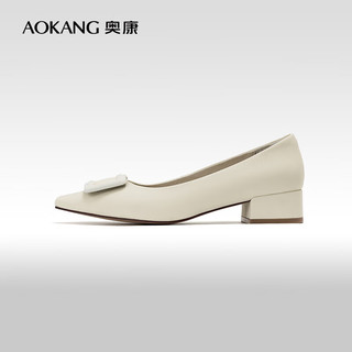 奥康（Aokang）女鞋 2024春季简约通勤舒适单鞋女优雅日常舒适鞋 米白 35