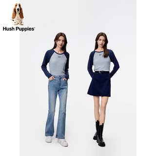 Hush Puppies暇步士女士2024春莫代尔混纺美式复古休闲插肩袖显瘦长袖T恤 136灰蓝 M