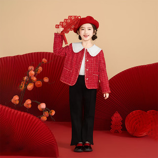 茵曼（INMAN）童装红色新年小香风女童外套中大童2024儿童外套年服女宝 大红色 150cm