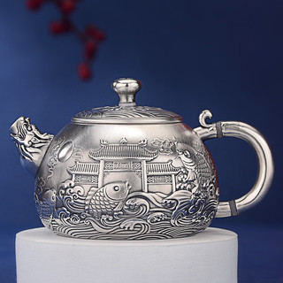 泰光银楼银茶壶999足银茶具实用泡茶杯鱼跃龙门瓷包银茶杯 一壶3杯套装银重约209克