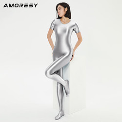 AMORESY Electra系列彩色半袖油亮光泽丝滑弹力打底紧身性感T恤银色M