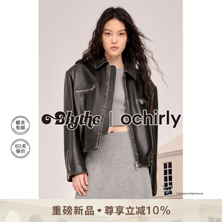 ochirly&Blythe小布系列 绵羊皮真皮外套女2024早春复古夹克 黑色 XS