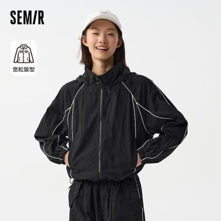 森马（Semir）[商场同款]森马外套女设计感质感上衣2024新款春宽松连帽夹克潮酷 黑色90001 150/76A/XS