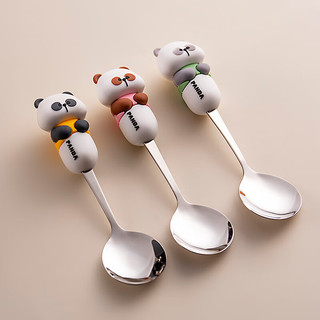 onlycook可爱熊猫宝宝辅食勺304不锈钢勺子儿童硅胶卡通餐勺饭勺 绿色熊猫【1支】