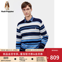 Hush Puppies暇步士男装2024春季美式复古撞色条纹纯棉针织衫 045中蓝1 S
